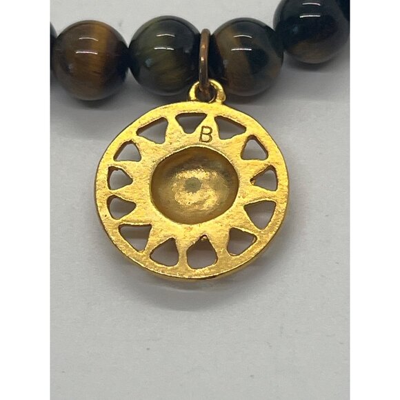 Tigers Eye Stretch Bracelet Gold Tone Sun Pendant Face Sitting at 6.50" - Picture 4 of 5